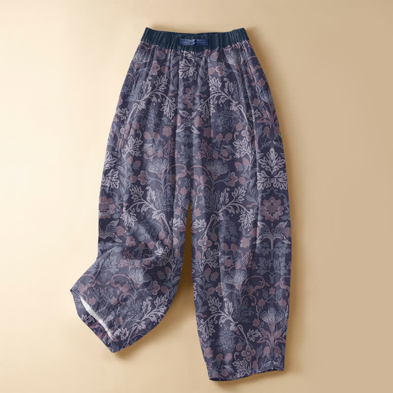 Buddha Stones Pantalones harem de algodón puro con estampado floral bohemio, botones de rana, cintura elástica y bolsillos para mujer. - Índigo - US16，UK/AU20，EU48 (3XL) - image 5
