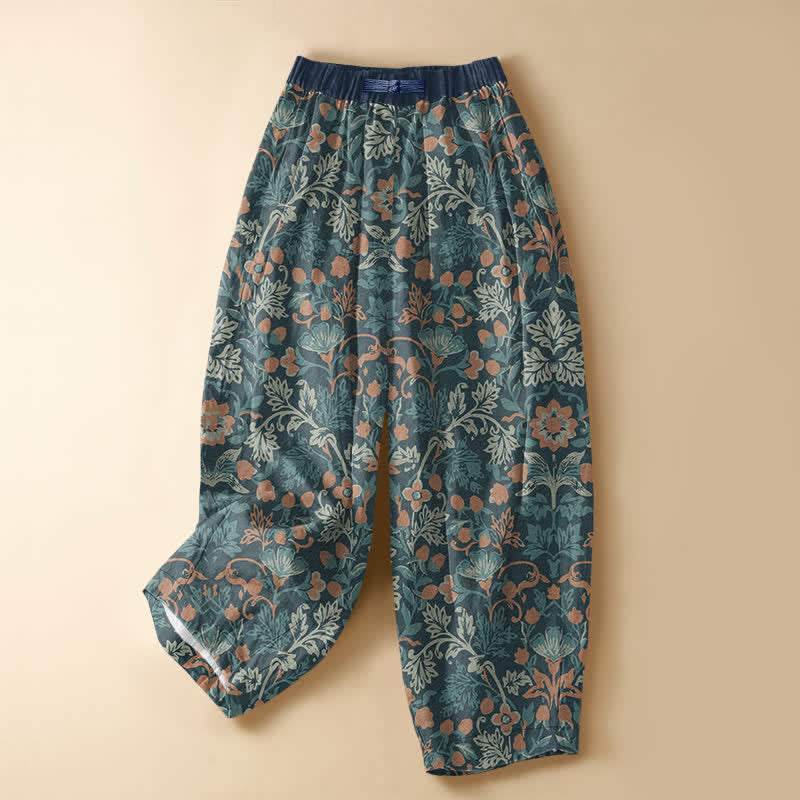 Buddha Stones Pantalones harem de algodón puro con estampado floral bohemio, botones de rana, cintura elástica y bolsillos para mujer. - Verde azulado - US16，UK/AU20，EU48 (3XL) - image 7