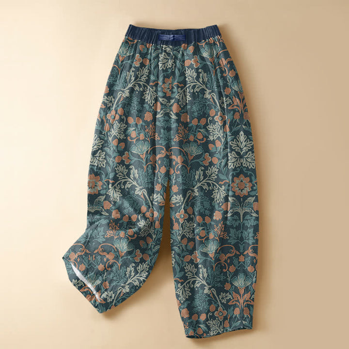 Buddha Stones Pantalones harem de algodón puro con estampado floral bohemio, botones de rana, cintura elástica y bolsillos para mujer. - Verde azulado - US16，UK/AU20，EU48 (3XL) - image 7