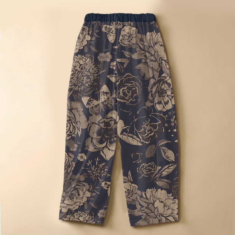 Buddha Stones Pantalones harem de mujer con cintura elástica y bolsillos, estampado de peonías, hojas y botones de rana, de algodón puro. - image 1
