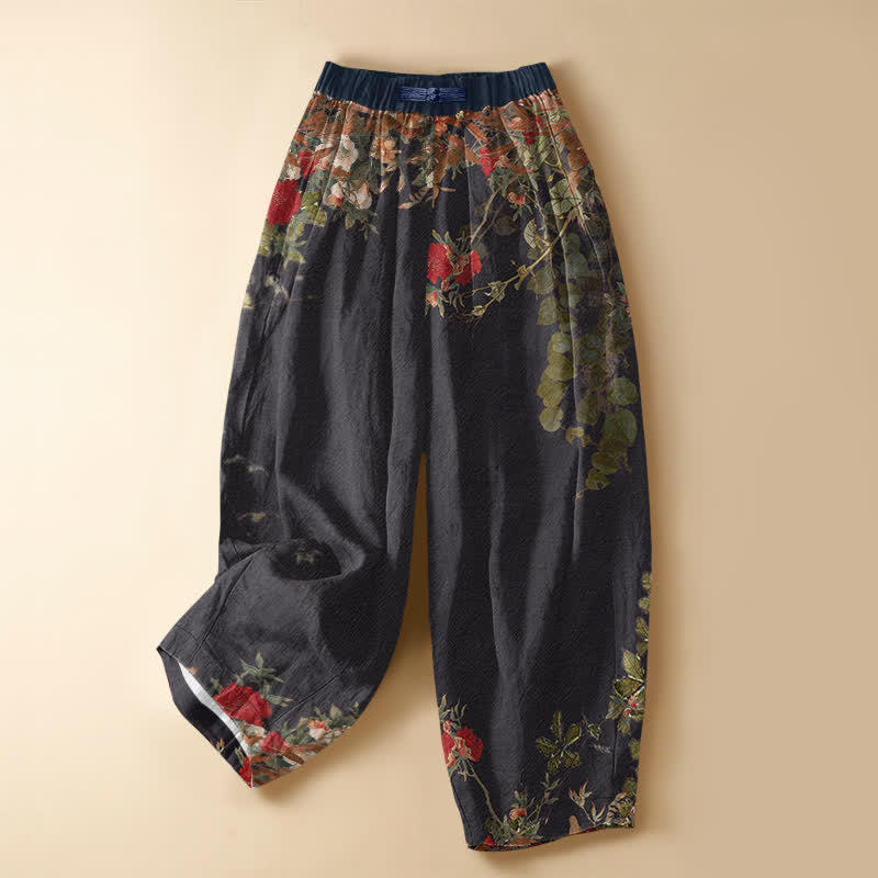 Buddha Stones Pantalones harem de algodón puro con estampado floral vintage de peonías y botones de rana para mujer, cintura elástica y bolsillos. - Negro - US16，UK/AU20，EU48 (3XL) - image 0