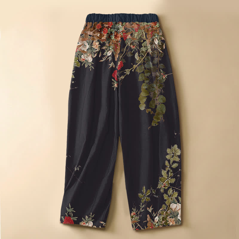 Buddha Stones Pantalones harem de algodón puro con estampado floral vintage de peonías y botones de rana para mujer, cintura elástica y bolsillos. - image 1