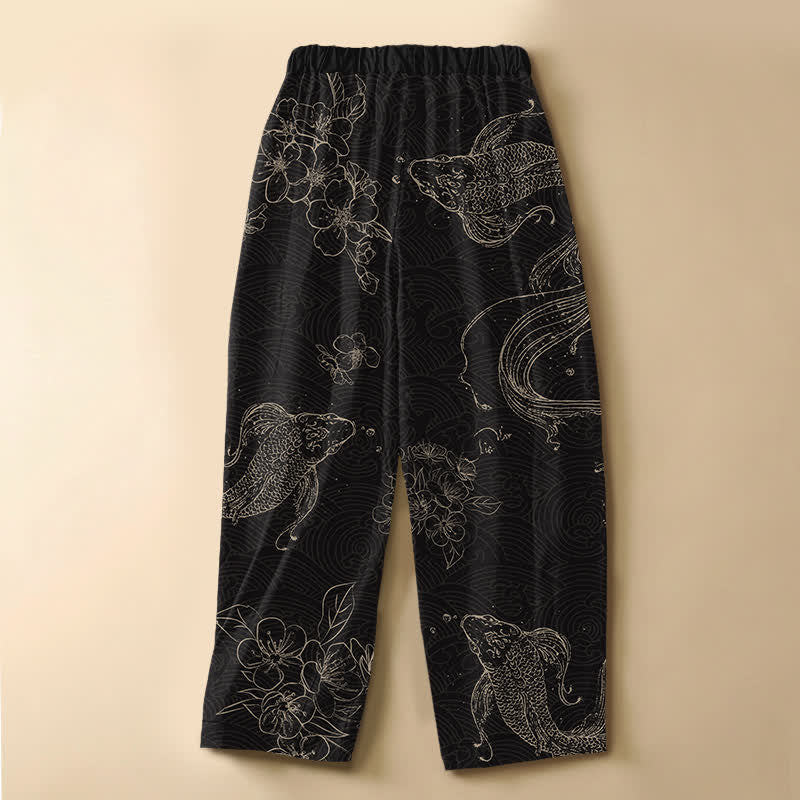 Buddha Stones Pantalones harem de algodón puro con estampado de peces koi, flores, ranas, botones, cintura elástica y bolsillos para mujer. - image 1