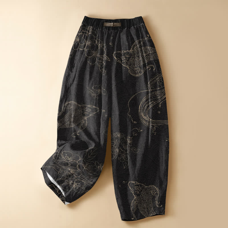 Buddha Stones Pantalones harem de algodón puro con estampado de peces koi, flores, ranas, botones, cintura elástica y bolsillos para mujer. - Negro - US16，UK/AU20，EU48 (3XL) - image 0