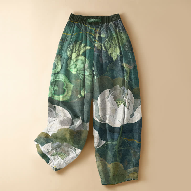 Buddha Stones Pantalones harem de mujer con cintura elástica y bolsillos, confeccionados en algodón puro con estampado de hojas de loto blancas en acuarela. - Verdemar - US16，UK/AU20，EU48 (3XL) - image 0