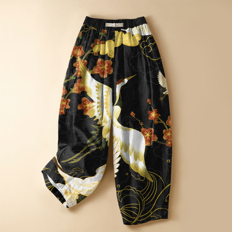 Buddha Stones Pantalones harem de mujer con cintura elástica y bolsillos, de algodón puro, con estampado de flores de grulla oriental y nubes auspiciosas. - Negro - US16，UK/AU20，EU48 (3XL) - image 0