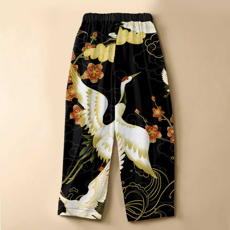 Buddha Stones Pantalones harem de mujer con cintura elástica y bolsillos, de algodón puro, con estampado de flores de grulla oriental y nubes auspiciosas. - image 1