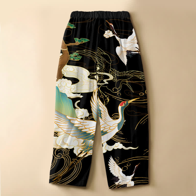 Buddha Stones Pantalones harem de algodón puro con estampado oriental de grullas voladoras y botones de rana para mujer, cintura elástica y bolsillos. - image 1