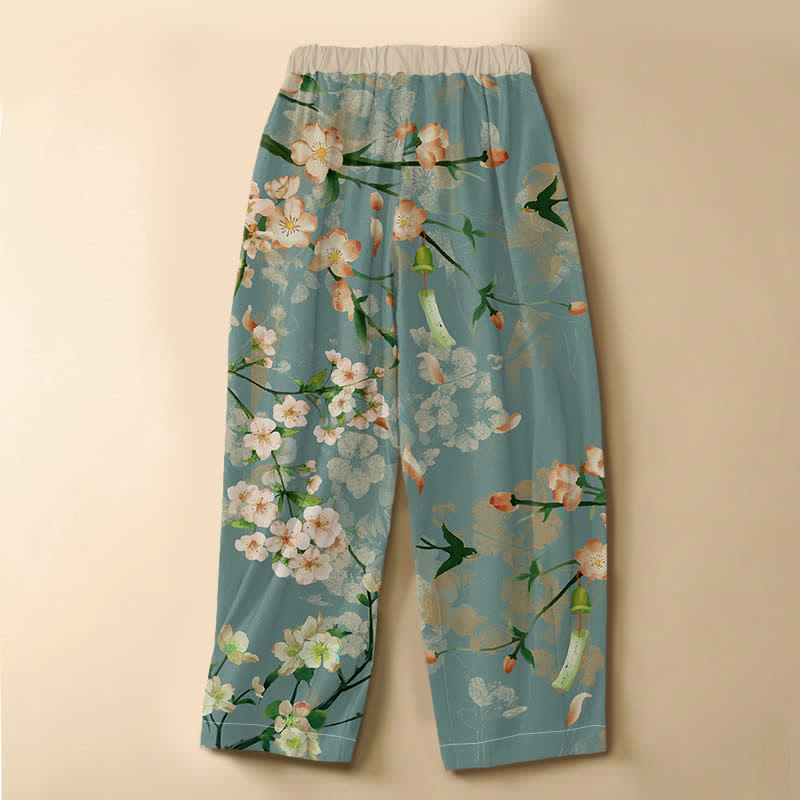 Buddha Stones Pantalones harem de algodón puro con estampado de golondrinas Sakura, botones de rana y cintura elástica para mujer con bolsillos. - image 1