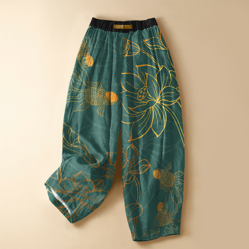 Buddha Stones Pantalones harem de algodón puro con estampado de hojas de loto doradas, peces koi y botones de rana para mujer, con cintura elástica y bolsillos. - Verde azulado - US16，UK/AU20，EU48 (3XL) - image 0
