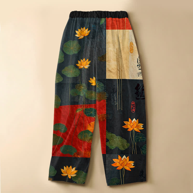 Buddha Stones Pantalones harem de algodón puro con estampado de patchwork de loto vintage, botones de rana y cintura elástica para mujer con bolsillos. - image 1