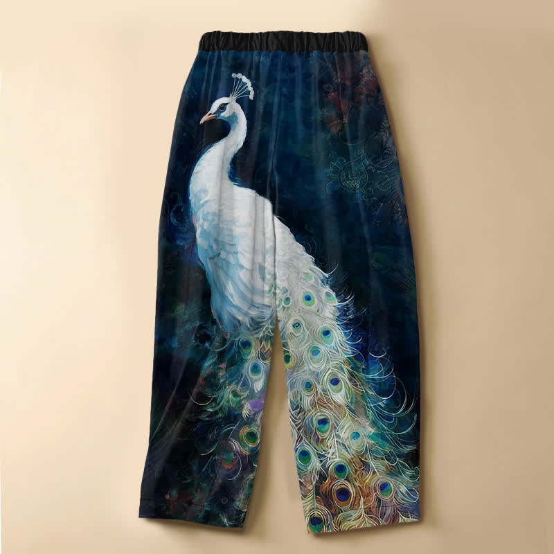 Buddha Stones Pantalones harem de mujer con cintura elástica y bolsillos, estampado de pavo real blanco puro, botones de rana y estampado de pavo real. - image 1