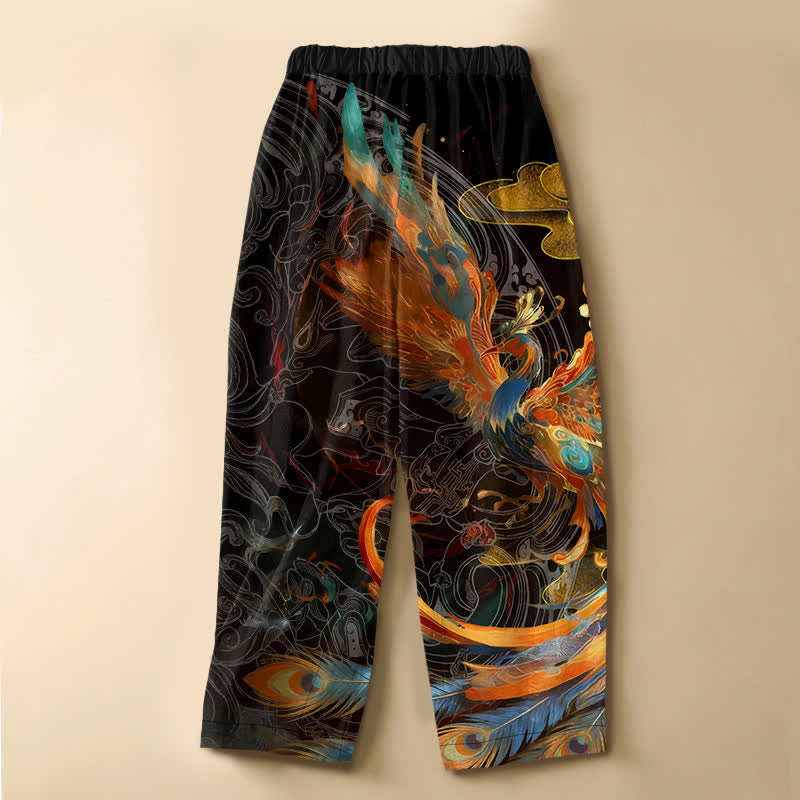 Buddha Stones Pantalones harem de mujer con cintura elástica, bolsillos y estampado de plumas de fénix real, de algodón puro. - image 1