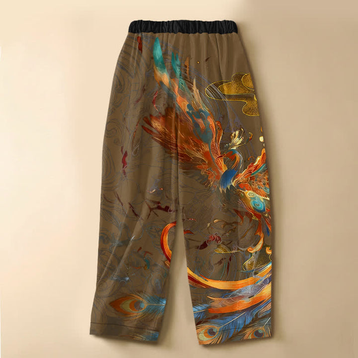 Buddha Stones Pantalones harem de mujer con cintura elástica, bolsillos y estampado de plumas de fénix real, de algodón puro. - image 6