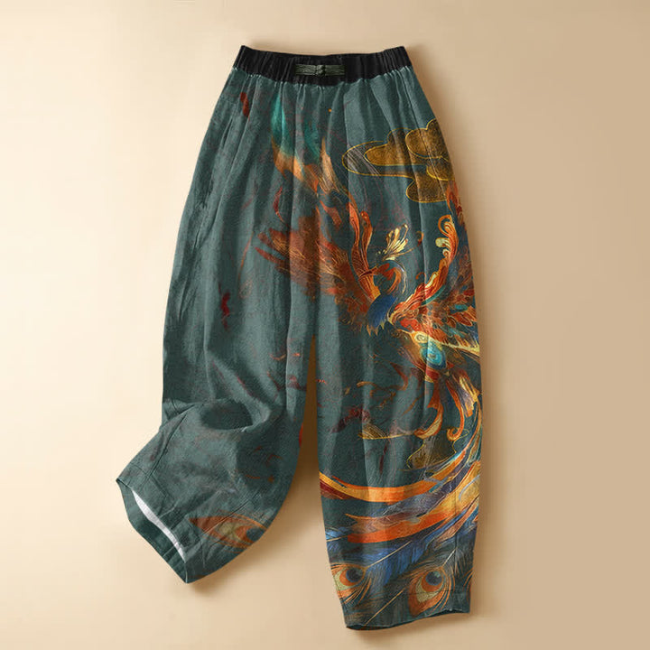 Buddha Stones Pantalones harem de mujer con cintura elástica, bolsillos y estampado de plumas de fénix real, de algodón puro. - Verde azulado - US16，UK/AU20，EU48 (3XL) - image 7