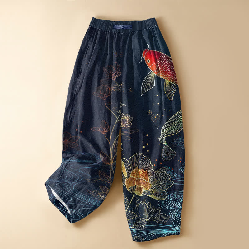 Buddha Stones Pantalones harem de algodón puro con estampado vintage de peces koi rojos, loto y botones de rana para mujer, cintura elástica y bolsillos. - Marina de guerra - US16，UK/AU20，EU48 (3XL) - image 0