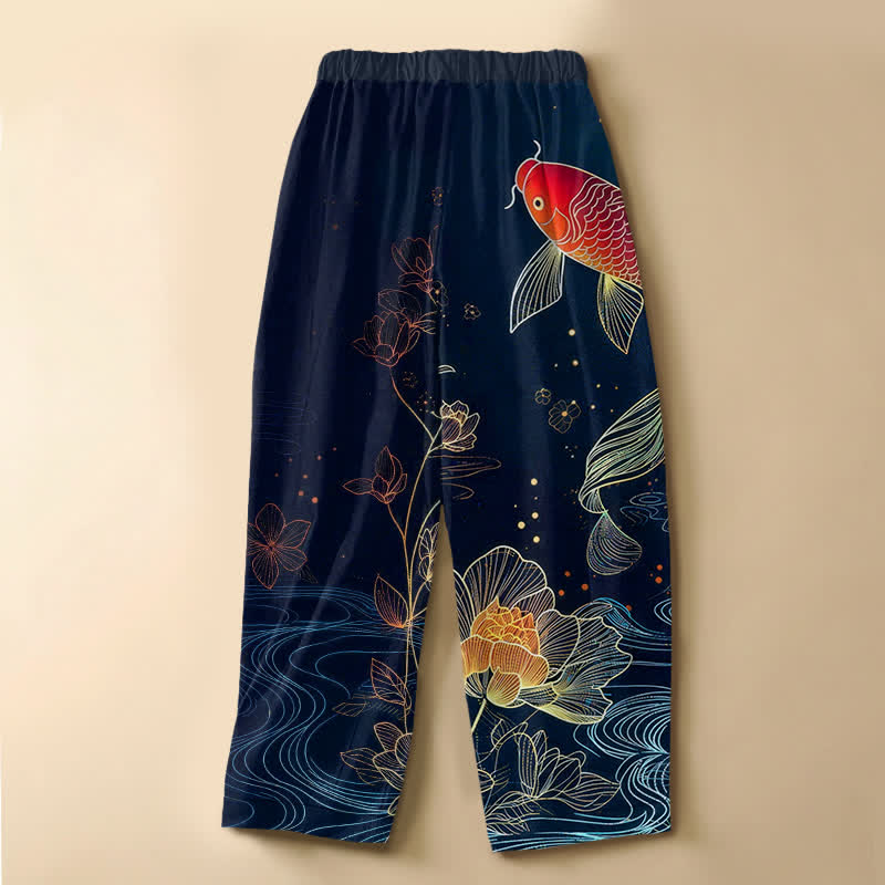 Buddha Stones Pantalones harem de algodón puro con estampado vintage de peces koi rojos, loto y botones de rana para mujer, cintura elástica y bolsillos. - image 1