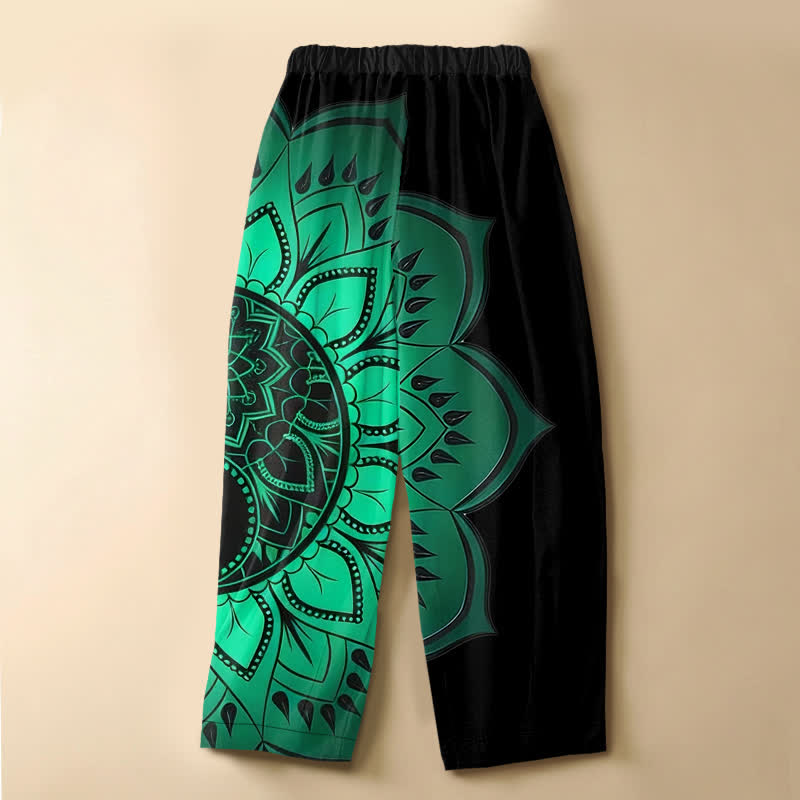 Buddha Stones Pantalones harem de algodón puro con estampado floral de mandala bohemio, botones de rana, cintura elástica y bolsillos para mujer. - image 1