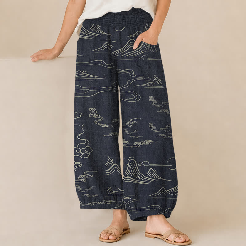 Buddha Stones Pantalones harem para mujer con estampado de nubes auspiciosas de Cotton Mountain Moon, cintura elástica plisada y bolsillos. - Negro - US16，UK/AU20，EU48 (3XL) - image 0