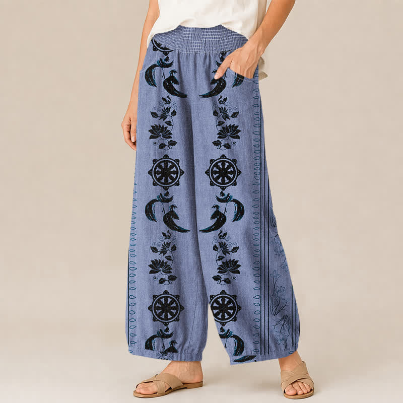 Buddha Stones Pantalones harem de algodón con estampado de rueda Dharma, loto y OM, cintura elástica plisada para mujer y bolsillos. - image 1