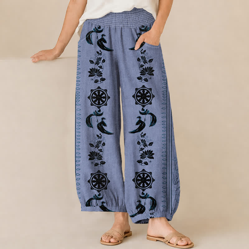 Buddha Stones Pantalones harem de algodón con estampado de rueda Dharma, loto y OM, cintura elástica plisada para mujer y bolsillos. - Azul aciano - US16，UK/AU20，EU48 (3XL) - image 0