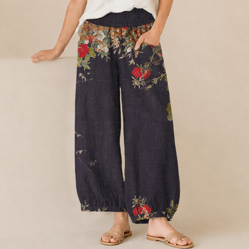 Buddha Stones Pantalones harem de algodón estilo bohemio con estampado floral rojo, cintura elástica plisada y bolsillos para mujer. - Negro - US16，UK/AU20，EU48 (3XL) - image 0