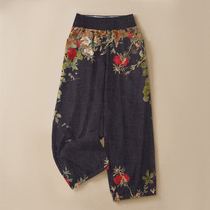 Buddha Stones Pantalones harem de algodón estilo bohemio con estampado floral rojo, cintura elástica plisada y bolsillos para mujer. - image 3