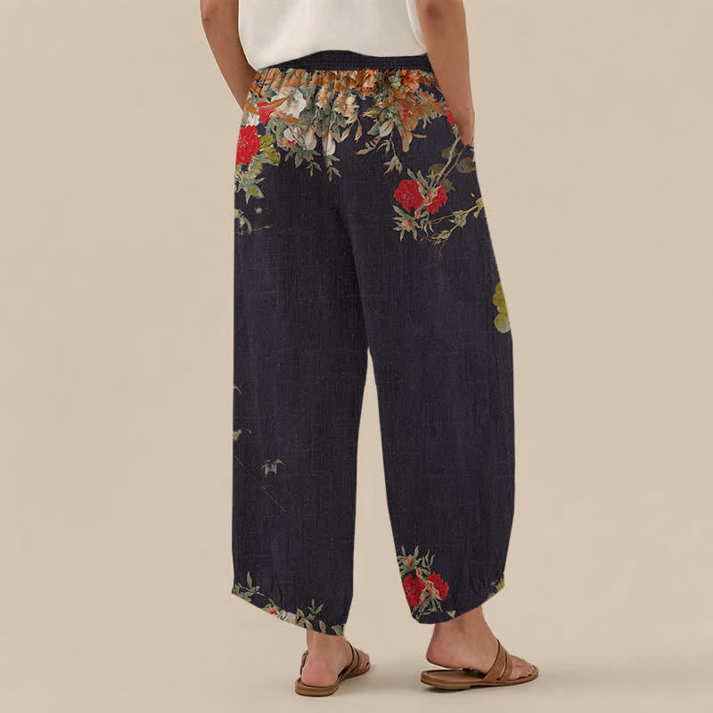 Buddha Stones Pantalones harem de algodón estilo bohemio con estampado floral rojo, cintura elástica plisada y bolsillos para mujer. - image 2