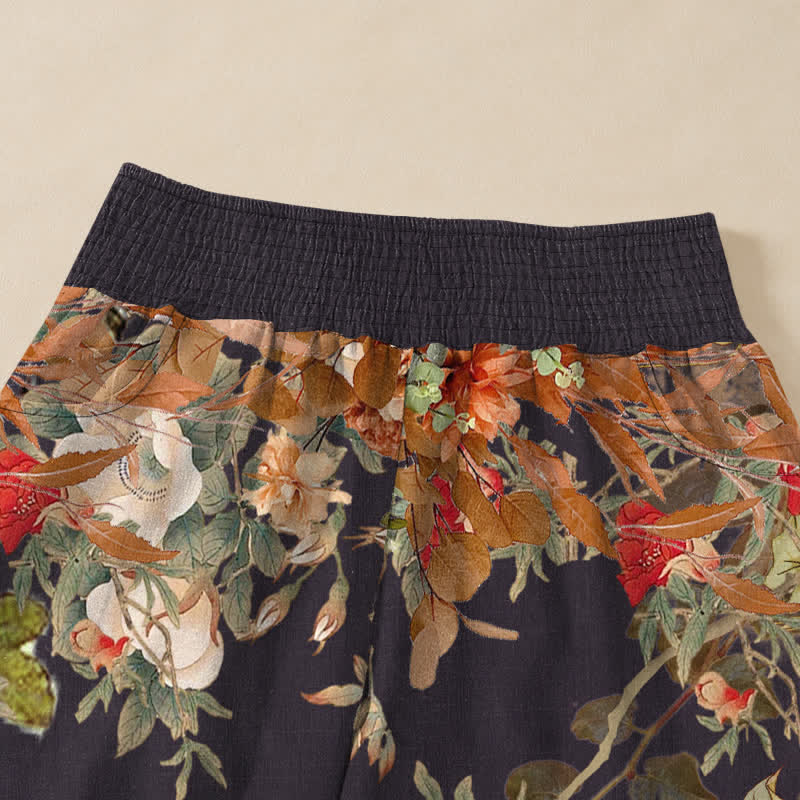 Buddha Stones Pantalones harem de algodón estilo bohemio con estampado floral rojo, cintura elástica plisada y bolsillos para mujer. - image 4
