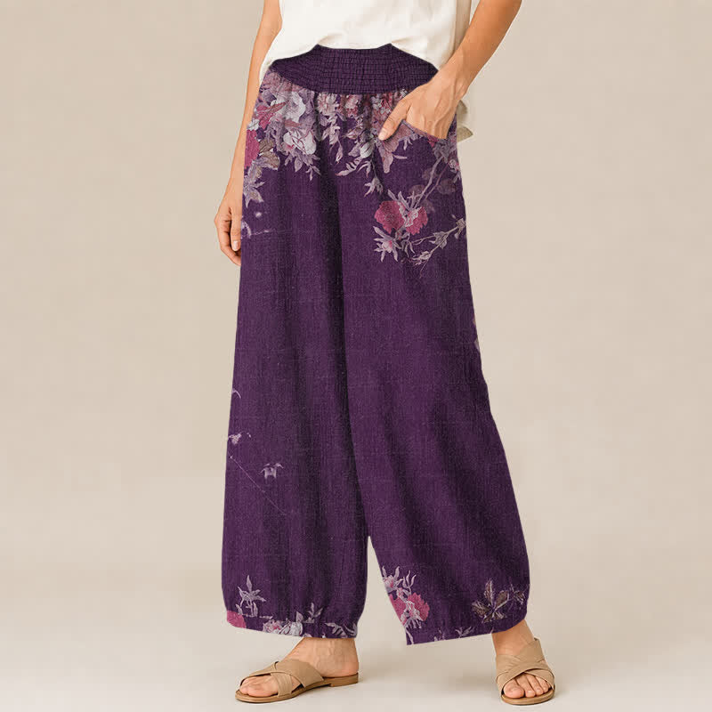 Buddha Stones Pantalones harem de algodón estilo bohemio con estampado floral rojo, cintura elástica plisada y bolsillos para mujer. - image 7