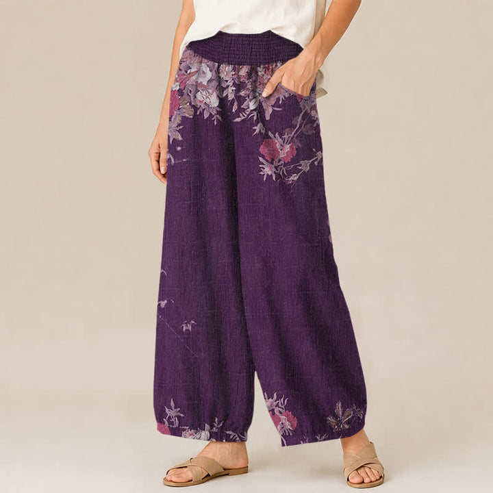 Buddha Stones Pantalones harem de algodón estilo bohemio con estampado floral rojo, cintura elástica plisada y bolsillos para mujer. - image 7