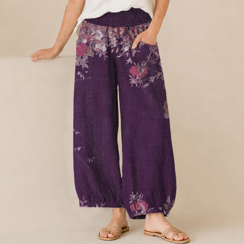 Buddha Stones Pantalones harem de algodón estilo bohemio con estampado floral rojo, cintura elástica plisada y bolsillos para mujer. - Púrpura - US16，UK/AU20，EU48 (3XL) - image 6