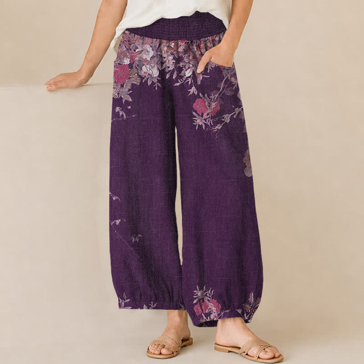 Buddha Stones Pantalones harem de algodón estilo bohemio con estampado floral rojo, cintura elástica plisada y bolsillos para mujer. - Púrpura - US16，UK/AU20，EU48 (3XL) - image 6