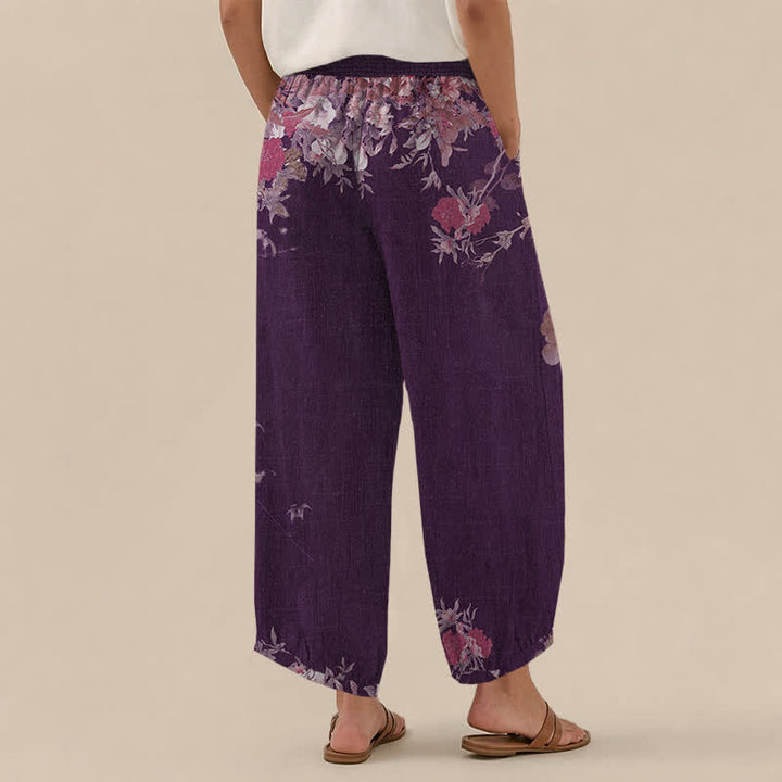 Buddha Stones Pantalones harem de algodón estilo bohemio con estampado floral rojo, cintura elástica plisada y bolsillos para mujer. - image 8