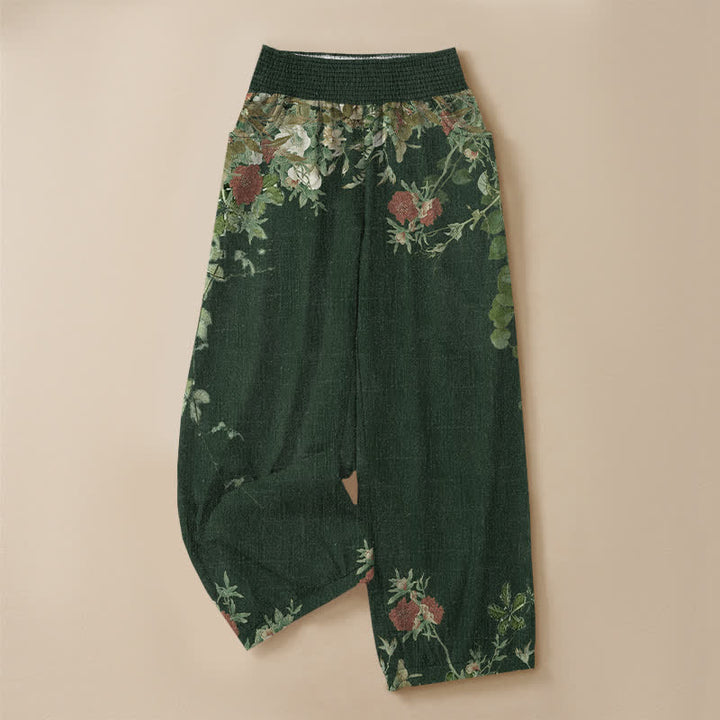 Buddha Stones Pantalones harem de algodón estilo bohemio con estampado floral rojo, cintura elástica plisada y bolsillos para mujer. - image 13