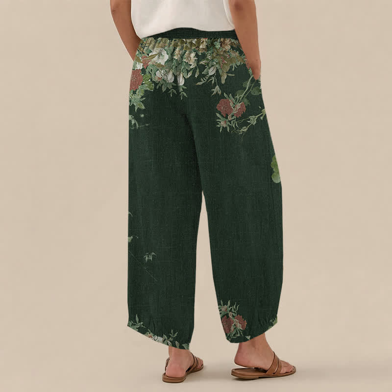 Buddha Stones Pantalones harem de algodón estilo bohemio con estampado floral rojo, cintura elástica plisada y bolsillos para mujer. - image 12