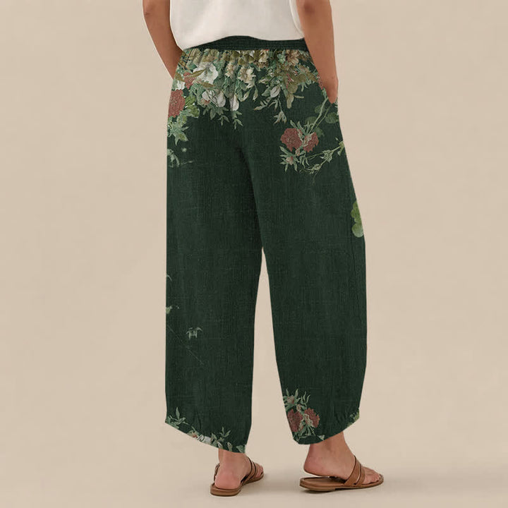 Buddha Stones Pantalones harem de algodón estilo bohemio con estampado floral rojo, cintura elástica plisada y bolsillos para mujer. - image 12