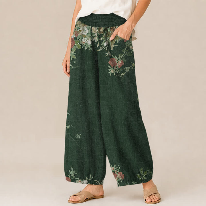 Buddha Stones Pantalones harem de algodón estilo bohemio con estampado floral rojo, cintura elástica plisada y bolsillos para mujer. - image 11