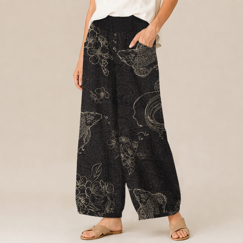 Buddha Stones Pantalones harem de algodón vintage con estampado floral de peces koi, cintura elástica plisada y bolsillos para mujer. - image 1