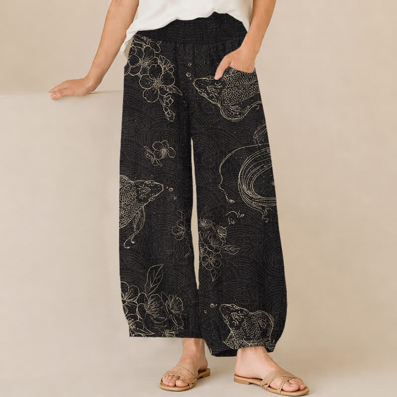 Buddha Stones Pantalones harem de algodón vintage con estampado floral de peces koi, cintura elástica plisada y bolsillos para mujer. - Negro - US16，UK/AU20，EU48 (3XL) - image 0