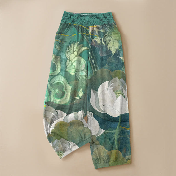 Buddha Stones Pantalones harem de mujer de algodón blanco con estampado de flor de loto, cintura elástica plisada y bolsillos. - image 3