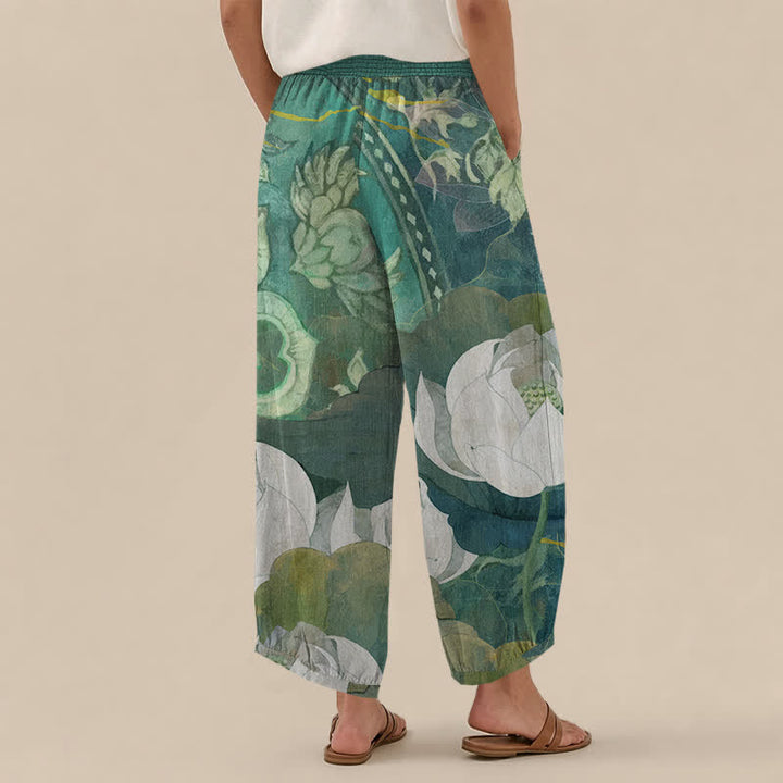 Buddha Stones Pantalones harem de mujer de algodón blanco con estampado de flor de loto, cintura elástica plisada y bolsillos. - image 2