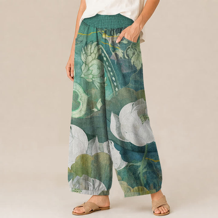 Buddha Stones Pantalones harem de mujer de algodón blanco con estampado de flor de loto, cintura elástica plisada y bolsillos. - image 1