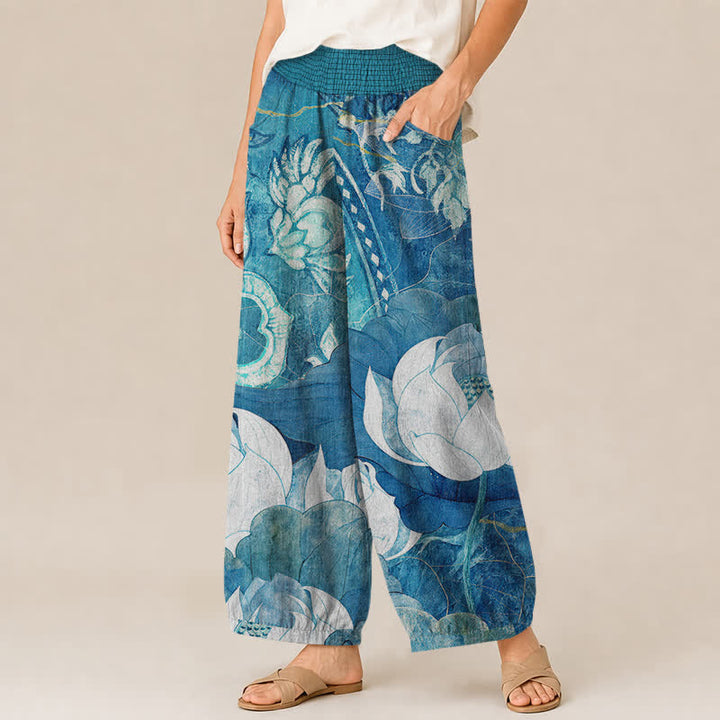Buddha Stones Pantalones harem de mujer de algodón blanco con estampado de flor de loto, cintura elástica plisada y bolsillos. - image 7