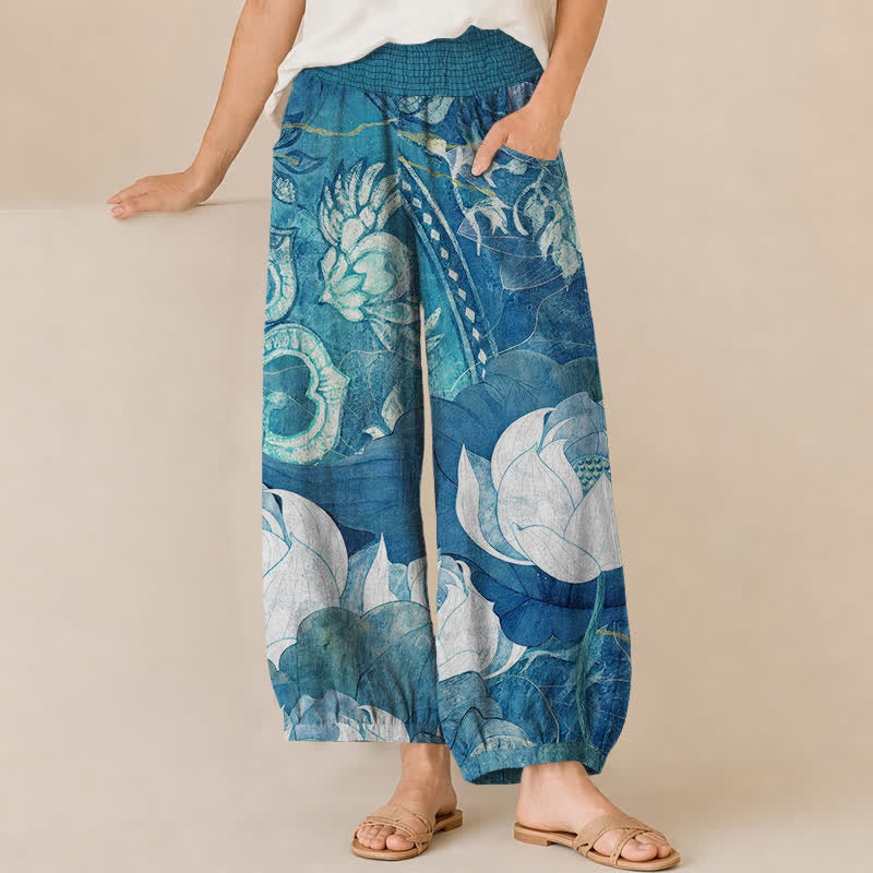 Buddha Stones Pantalones harem de mujer de algodón blanco con estampado de flor de loto, cintura elástica plisada y bolsillos. - Turquesa medio - US16，UK/AU20，EU48 (3XL) - image 6