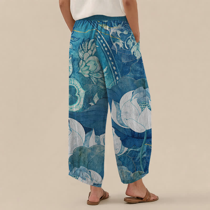 Buddha Stones Pantalones harem de mujer de algodón blanco con estampado de flor de loto, cintura elástica plisada y bolsillos. - image 8