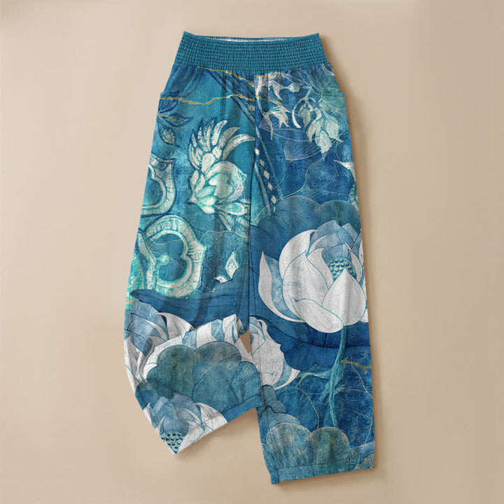 Buddha Stones Pantalones harem de mujer de algodón blanco con estampado de flor de loto, cintura elástica plisada y bolsillos. - image 9