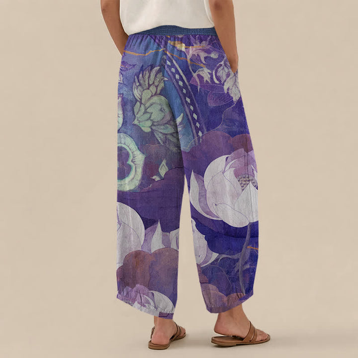 Buddha Stones Pantalones harem de mujer de algodón blanco con estampado de flor de loto, cintura elástica plisada y bolsillos. - image 12