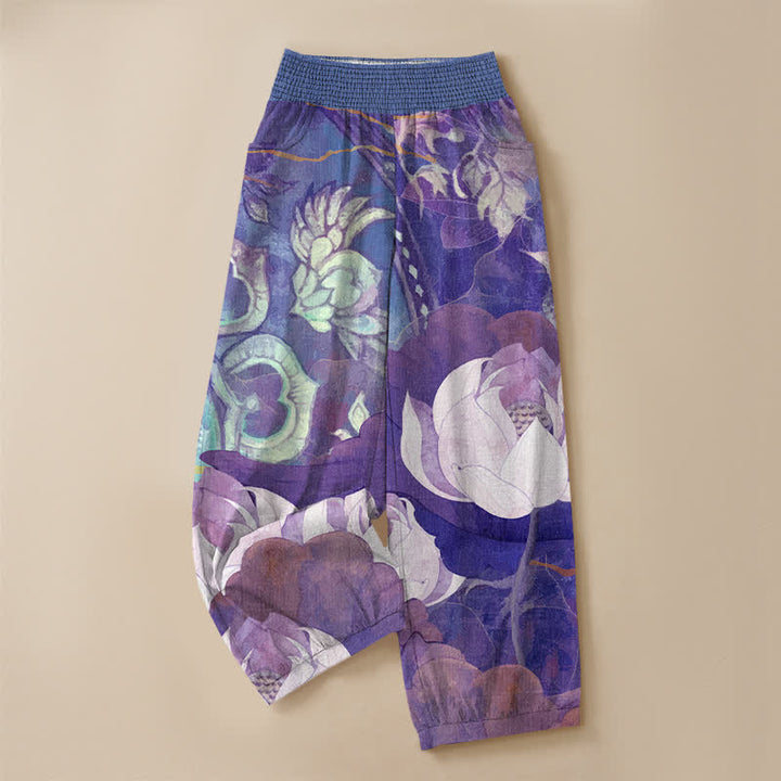 Buddha Stones Pantalones harem de mujer de algodón blanco con estampado de flor de loto, cintura elástica plisada y bolsillos. - image 13