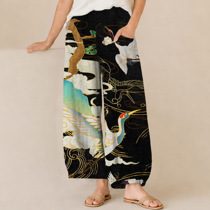 Buddha Stones Pantalones harem de algodón con estampado de grullas orientales y nubes, cintura elástica plisada y bolsillos para mujer. - Negro - US16，UK/AU20，EU48 (3XL) - image 0